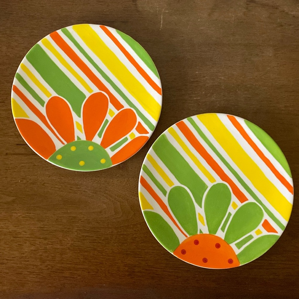Pacific Rim Sunflower Orange Yellow Green Striped Plates - Handpainted